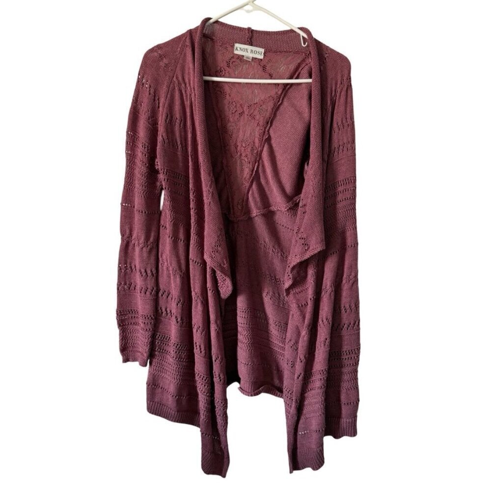 Knox Rose Open Knit Lace Cardigan Sweater Purple XS